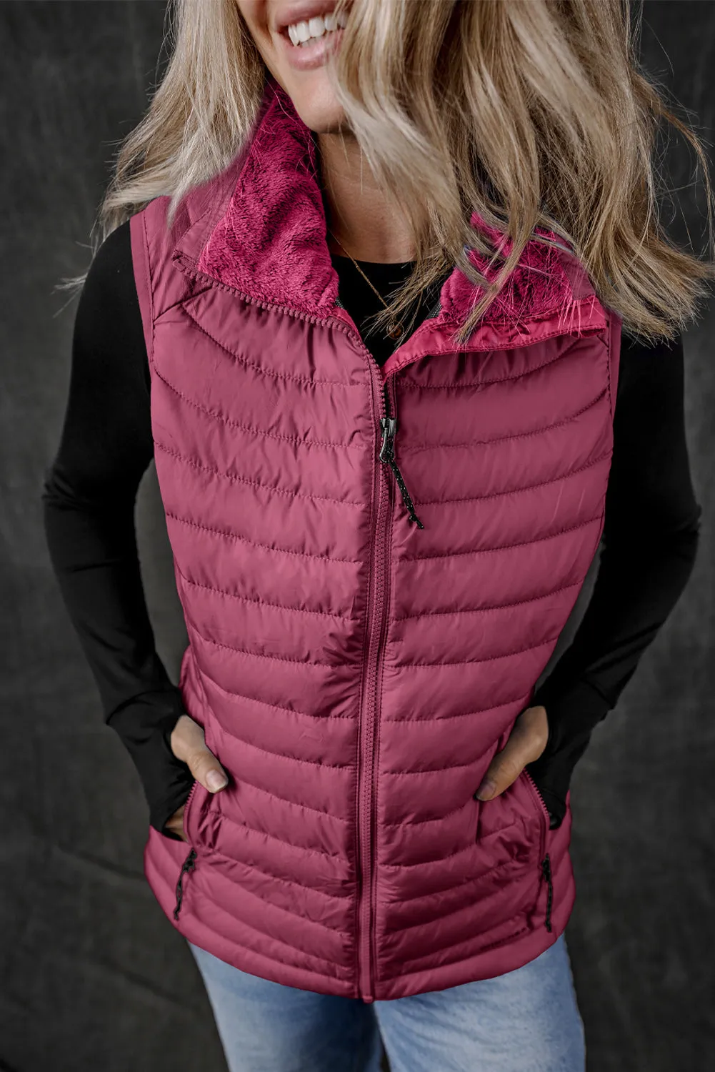 Black Plush Collared Quilted Zipped Puffer Vest