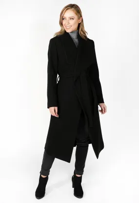 Black Waterfall Front Longline Coat with Tie Waist