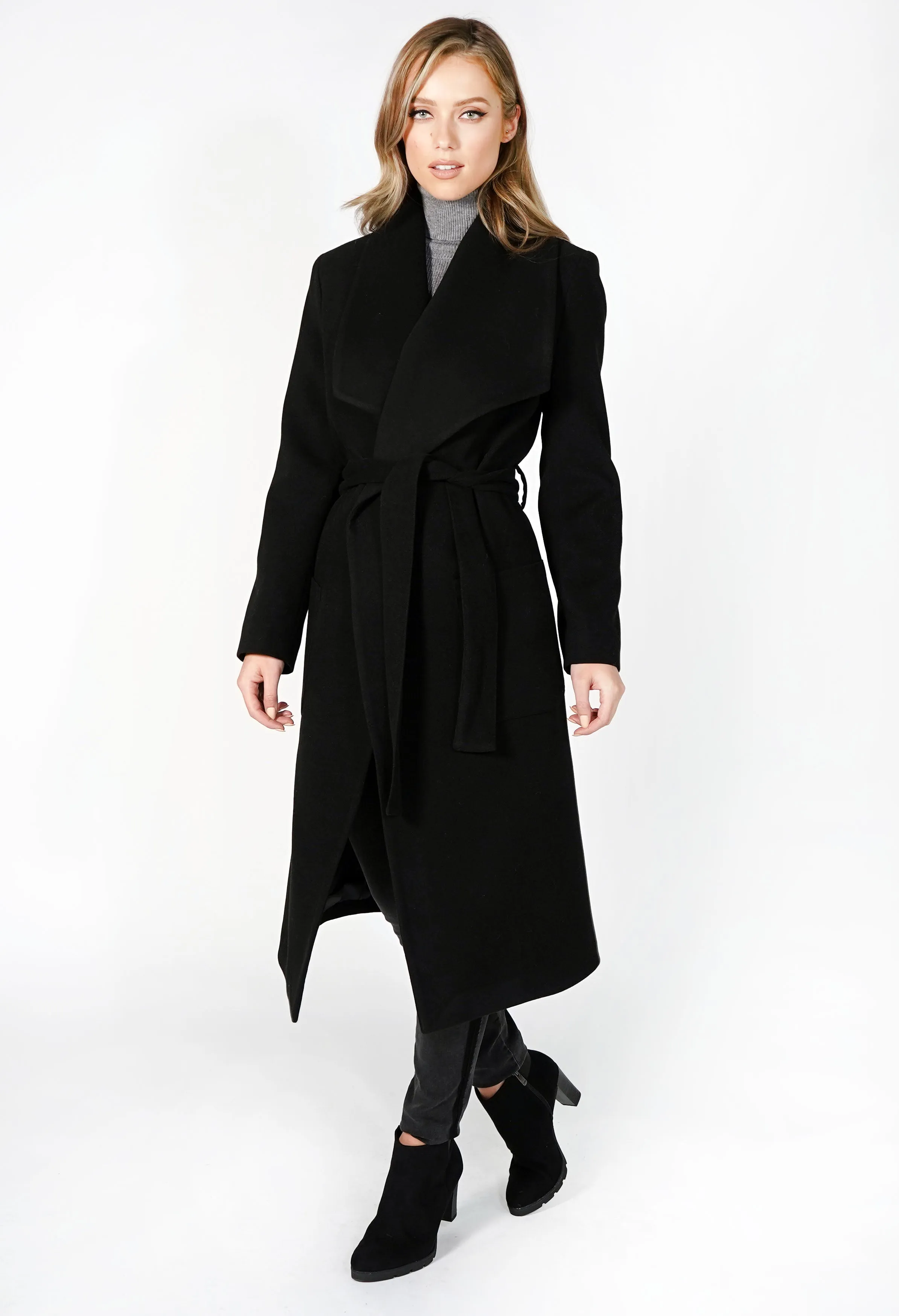 Black Waterfall Front Longline Coat with Tie Waist