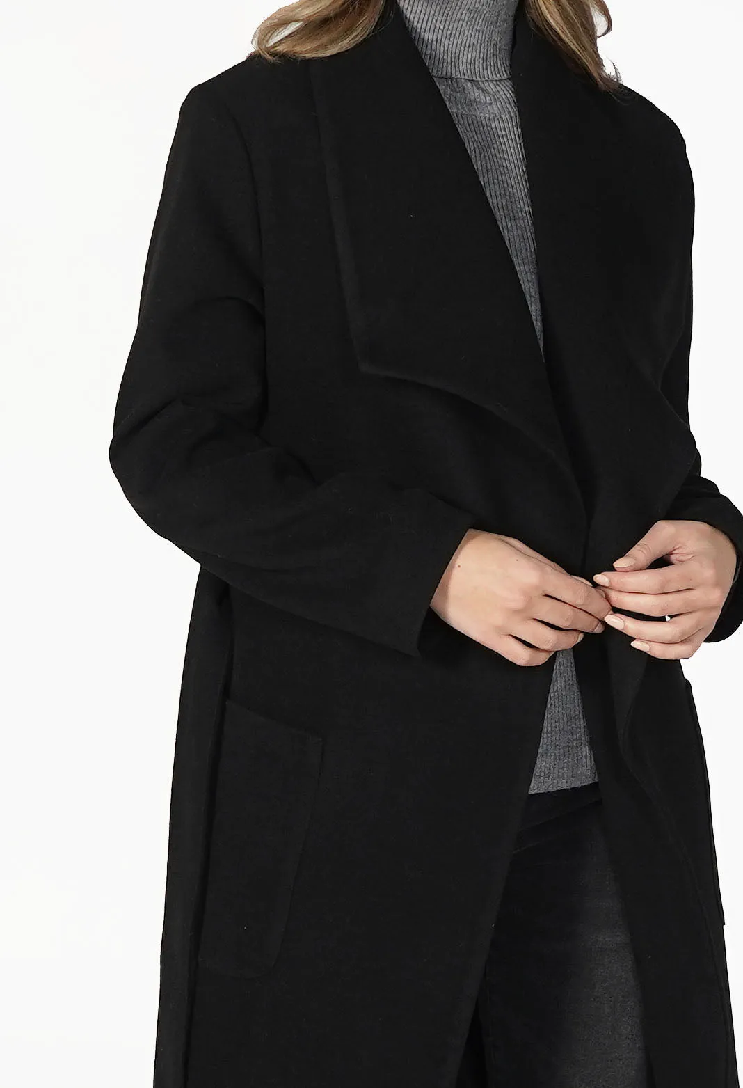 Black Waterfall Front Longline Coat with Tie Waist