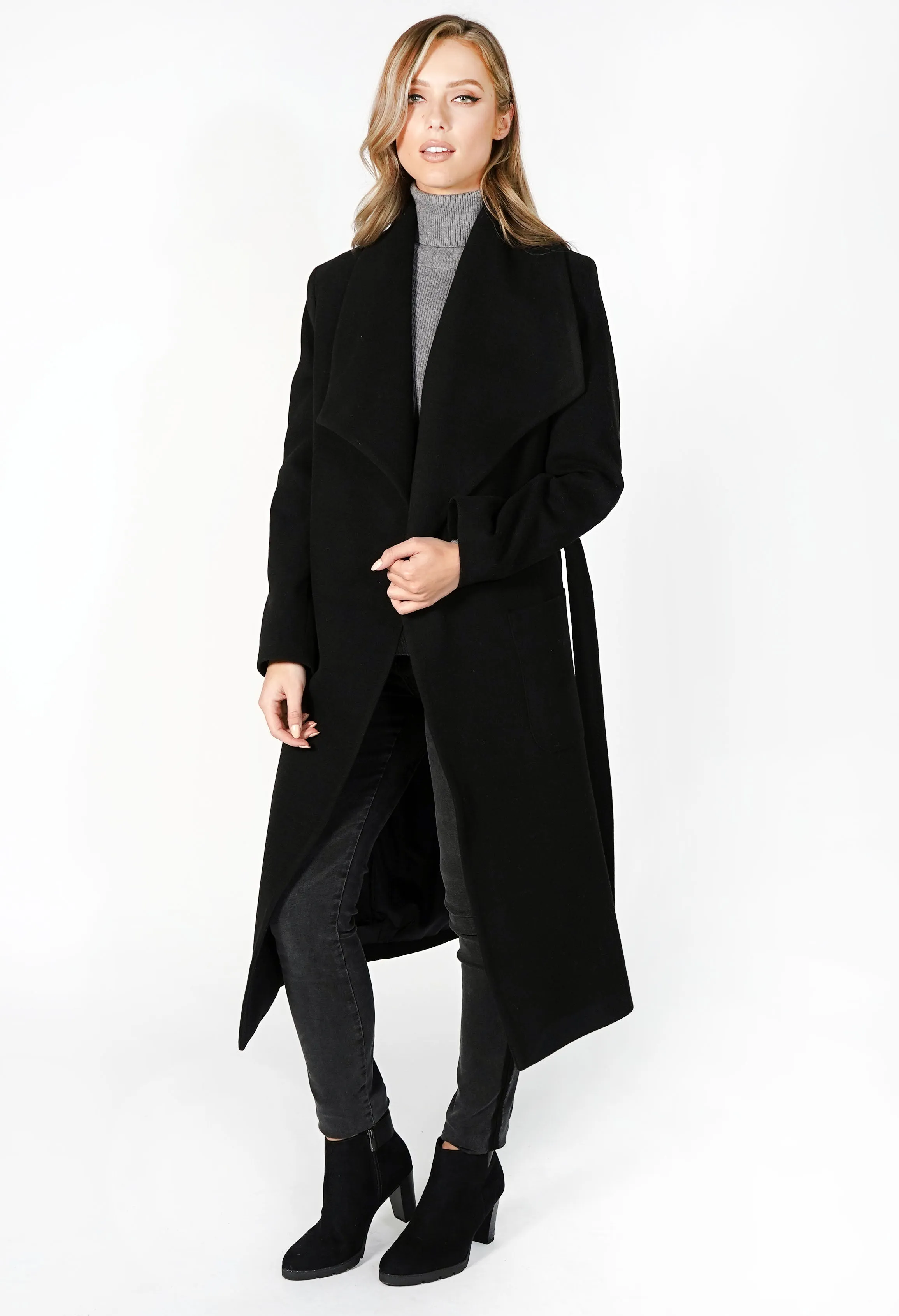 Black Waterfall Front Longline Coat with Tie Waist