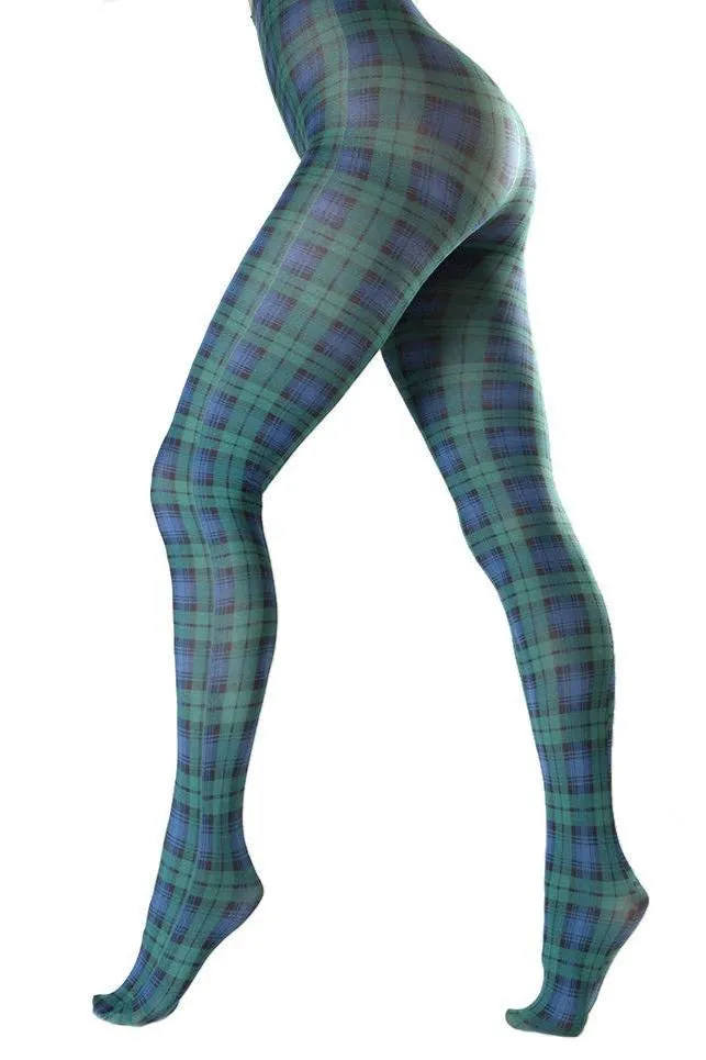 Blue & Green Plaid Print Tights