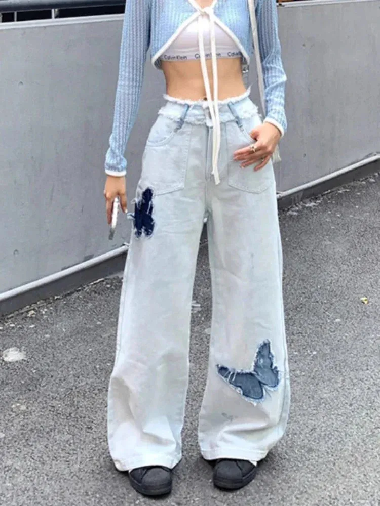 Blue Jeans Size Women Y2k Loose Patchwork High Waist Denim Pants