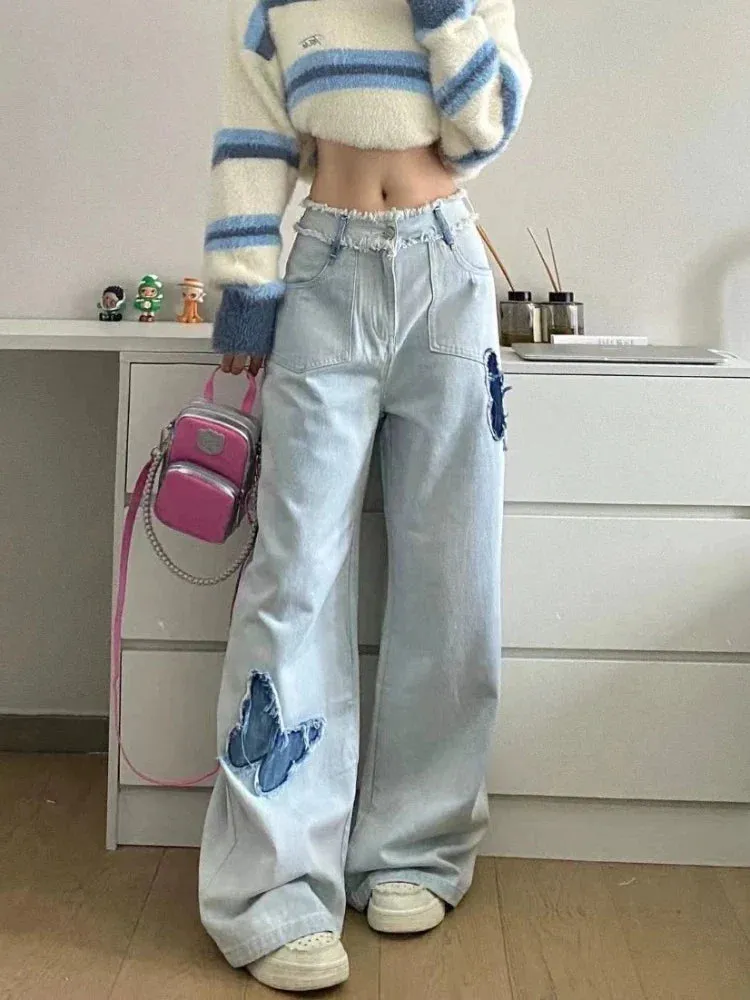 Blue Jeans Size Women Y2k Loose Patchwork High Waist Denim Pants