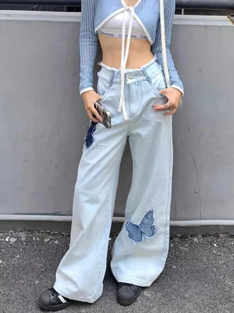 Blue Jeans Size Women Y2k Loose Patchwork High Waist Denim Pants