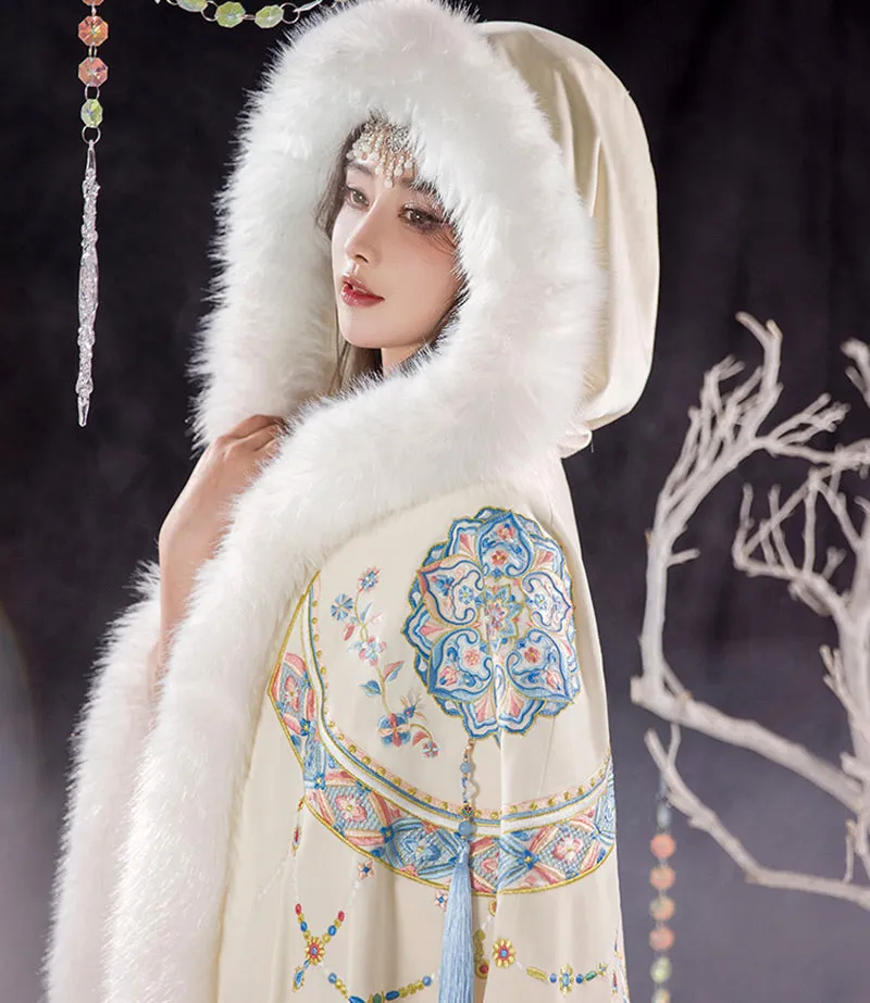 Bluedail Dunhuang Caisson Pattern Embroidery Fall and Winter Long Fleece Hooded Warm Cloak with Artificial Large Fur Collar