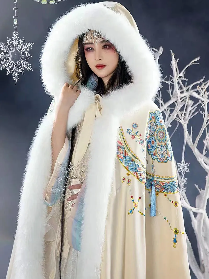 Bluedail Dunhuang Caisson Pattern Embroidery Fall and Winter Long Fleece Hooded Warm Cloak with Artificial Large Fur Collar