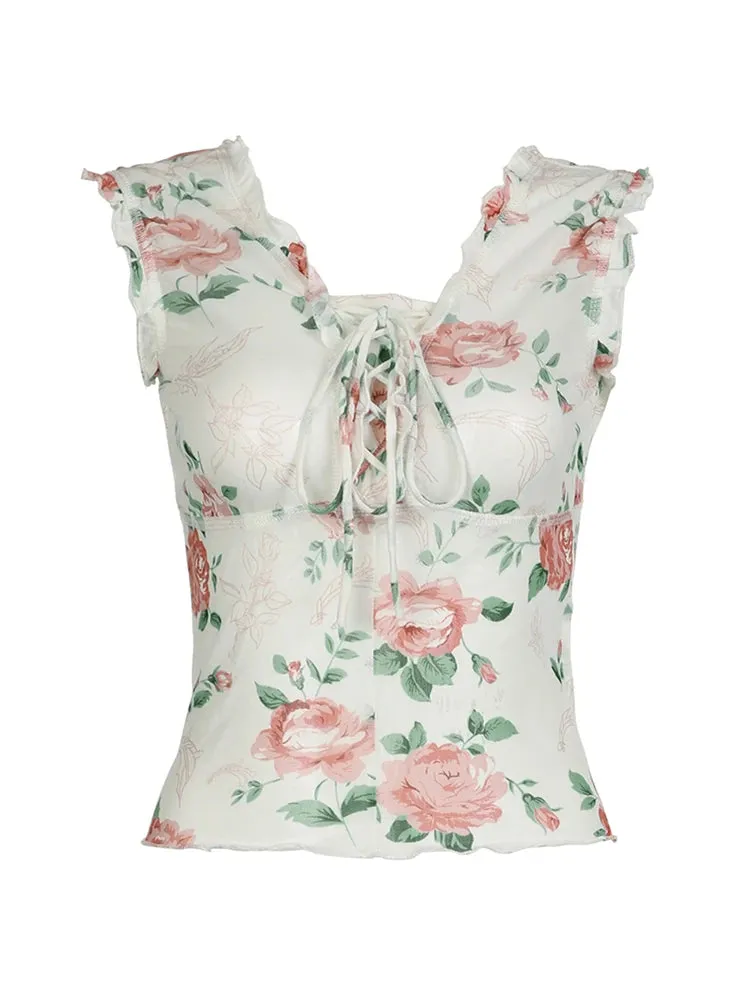 Boho Summer Floral Print Mesh Vest Women Sleeveless Ruffles Cross Bandage Cute Sweet Crop Tops