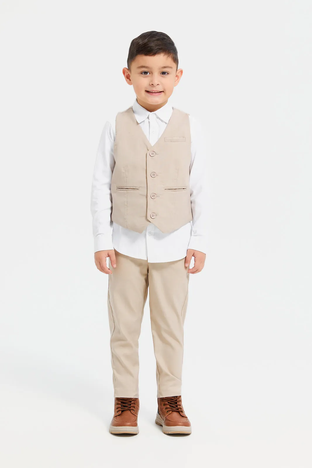 Boys Beige And White Vest And Shirt Set (2 Piece)