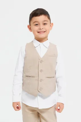 Boys Beige And White Vest And Shirt Set (2 Piece)