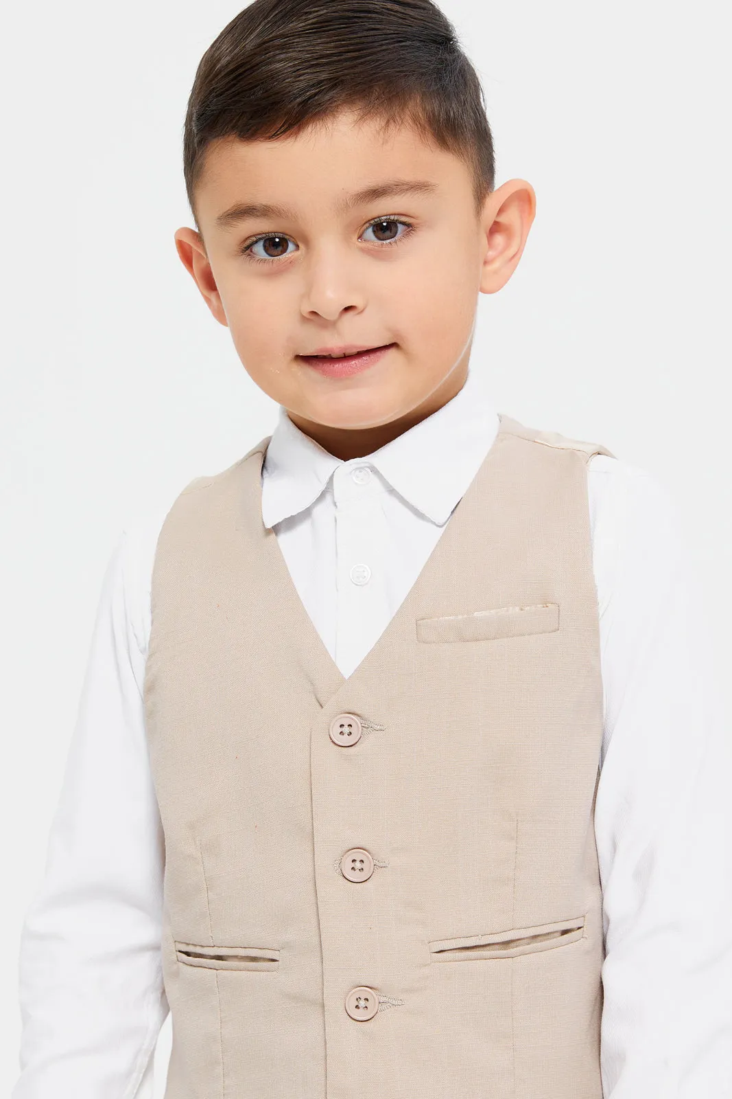 Boys Beige And White Vest And Shirt Set (2 Piece)