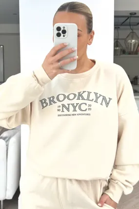 Brooklyn NYC printed ecru sweater