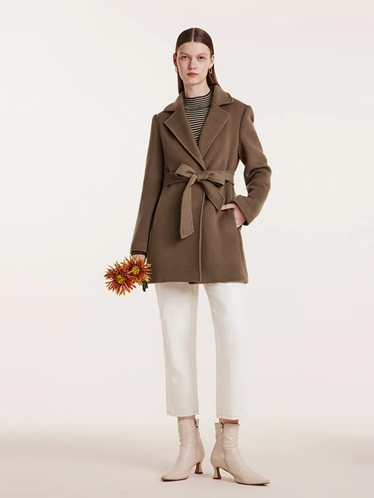 Brown Tencel Wool Notched Lapel Coat With Belt