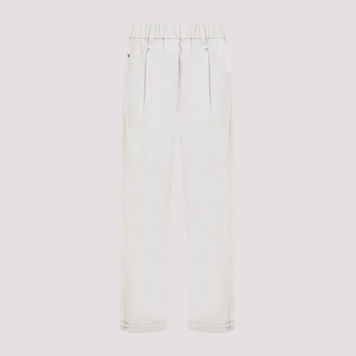 BRUNELLO CUCINELLI Women’s Relaxed Baggy Trousers in Stretch Cotton with Shiny Details