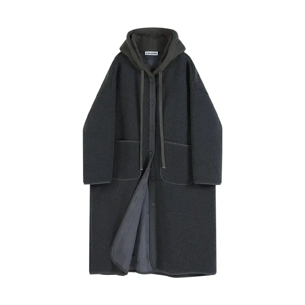 Button Closure Hooded Wool Coat