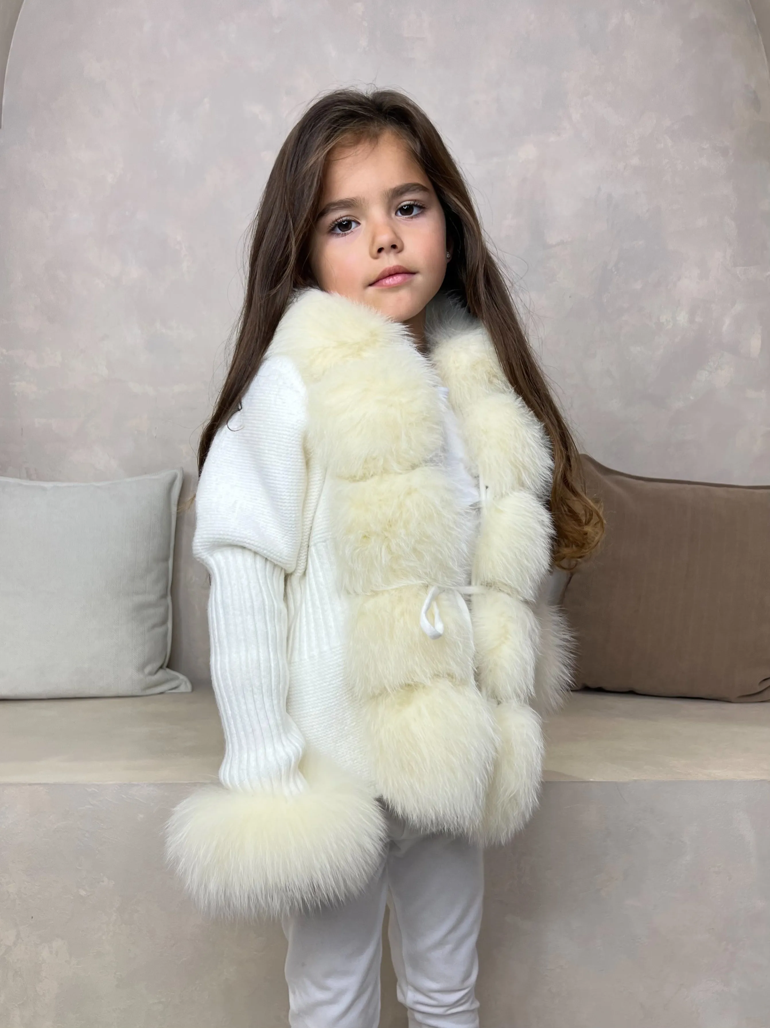 Childrens Cream Luxury Fur Cardigan