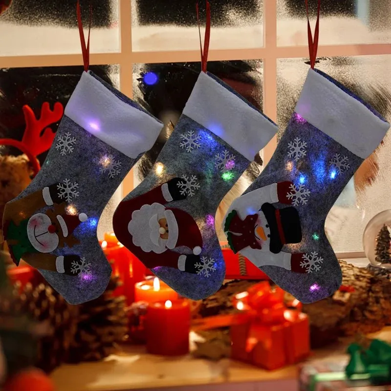 Christmas Stockings with LED Lights-  Snowman, Santa, Elk, and Bear Designs Perfect for Adding Festive Cheer to Your Fireplace or Christmas Tree!