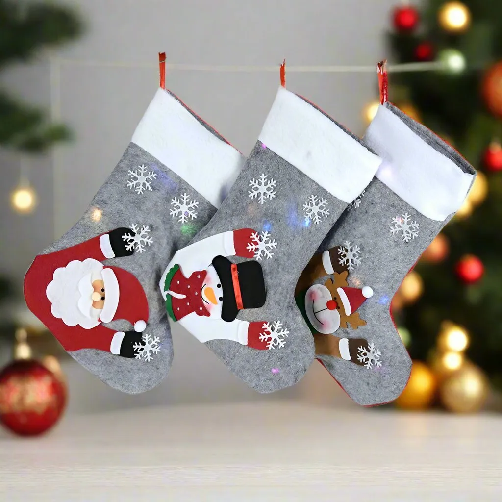 Christmas Stockings with LED Lights-  Snowman, Santa, Elk, and Bear Designs Perfect for Adding Festive Cheer to Your Fireplace or Christmas Tree!