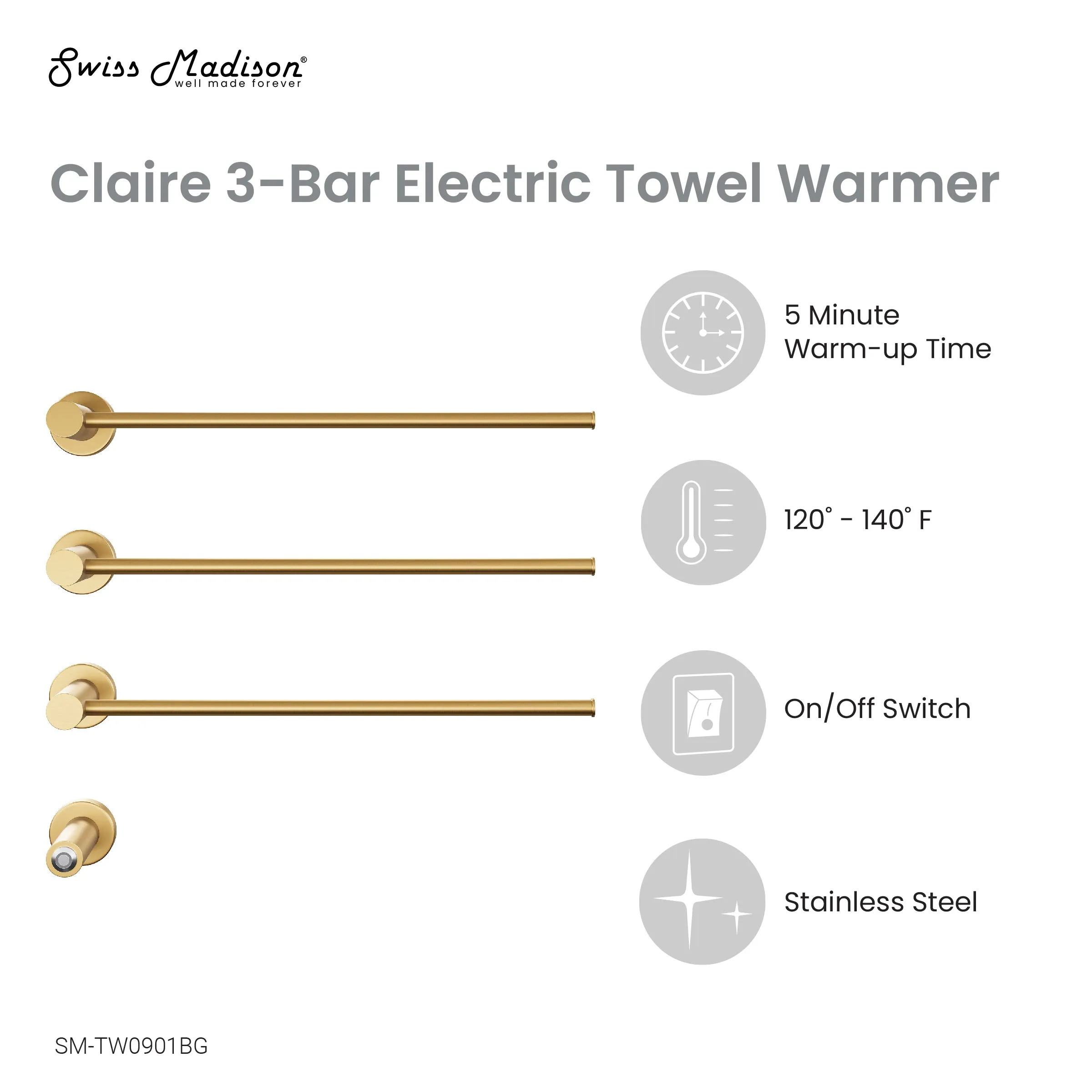 Claire 3-Bar Electric Towel Warmer in Brushed Gold