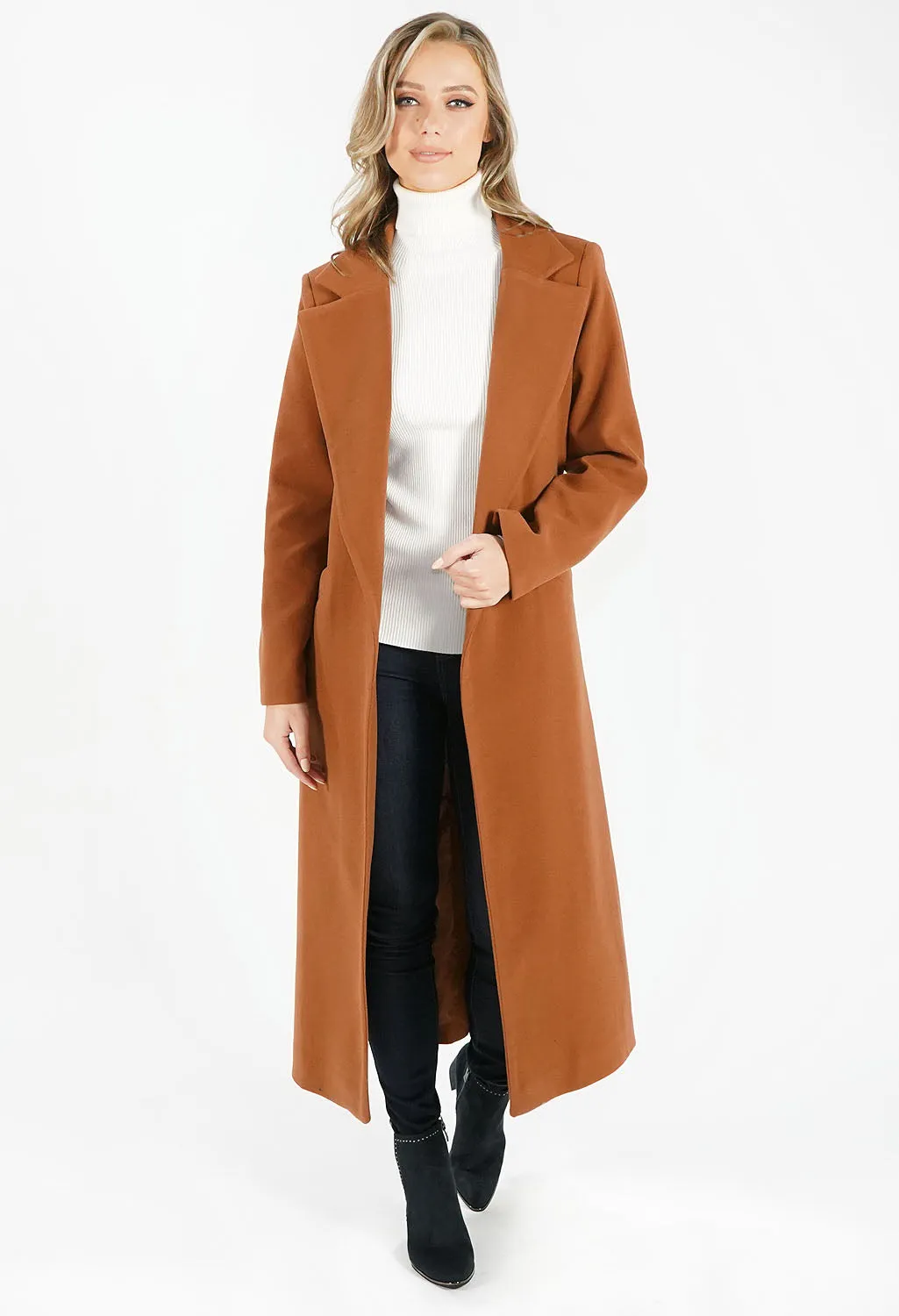 Cognac Wool Mix Longline Coat with Tie Waist