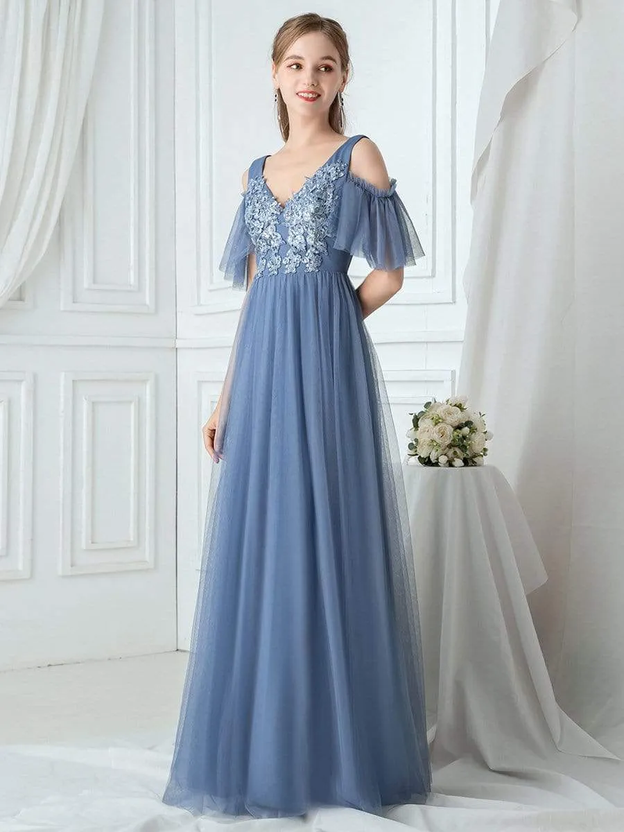 Cold Shoulder Maxi Long Applique Bridesmaid Dress with Ruffle Sleeves