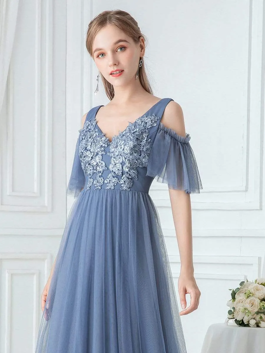 Cold Shoulder Maxi Long Applique Bridesmaid Dress with Ruffle Sleeves