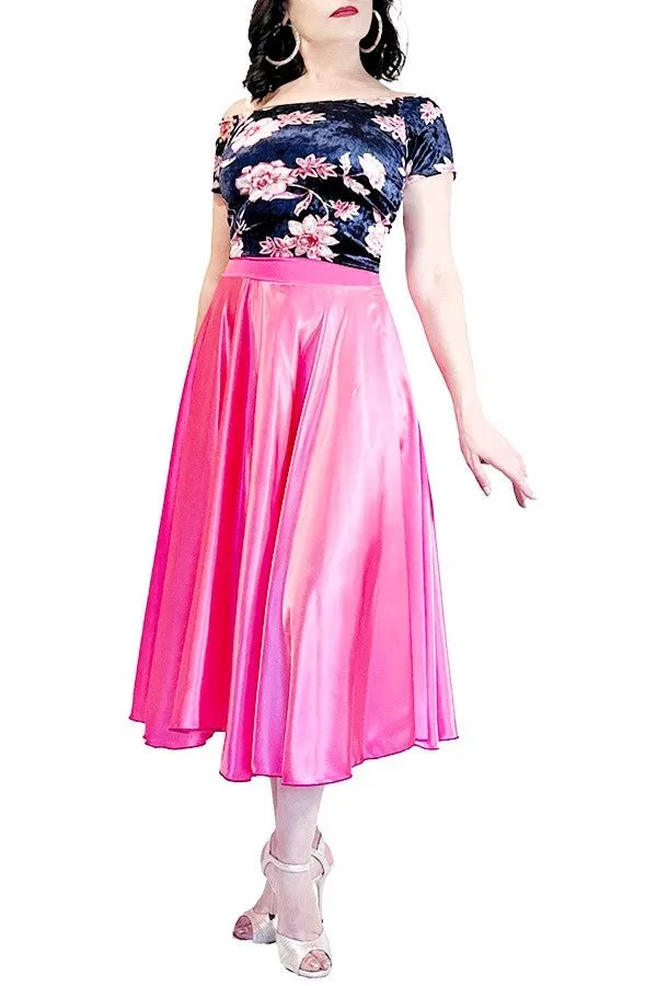 creamy pink satin full circle skirt with slits