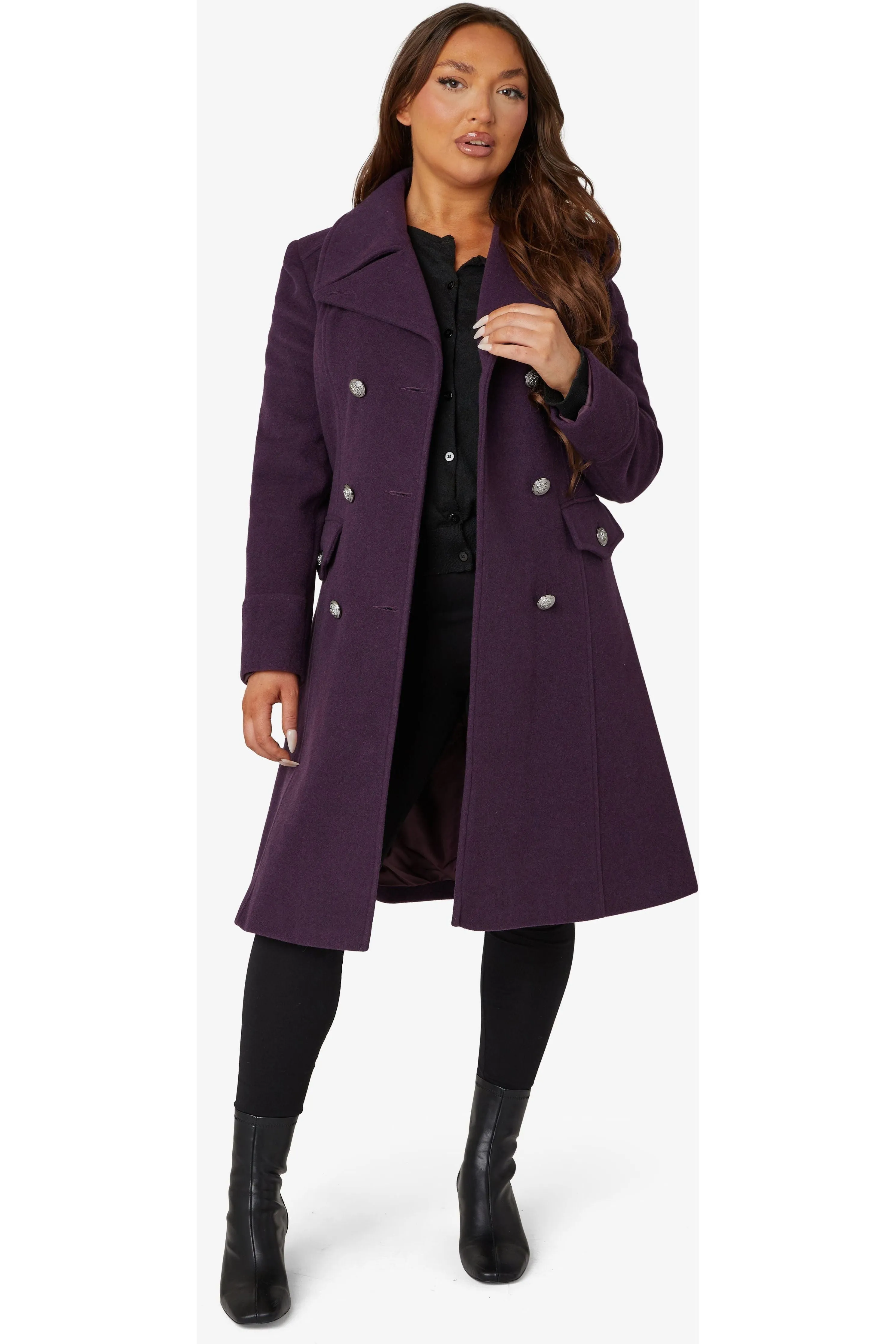 De La Creme Fashions Katrina Purple Wool Blend Military Midi Coat