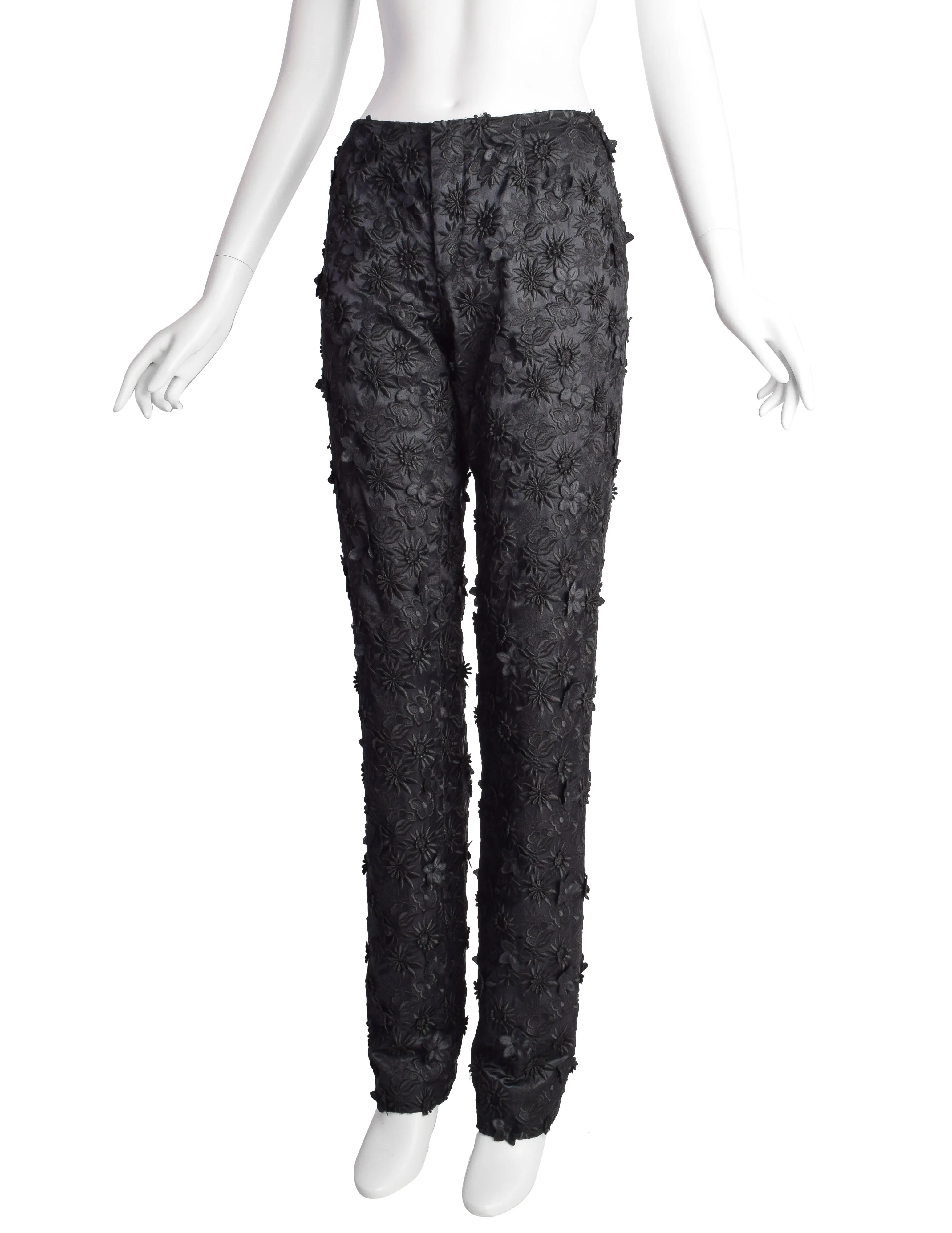 Dirk Bikkembergs Vintage Black Embroidered Floral Applique Satin High Waist Pants