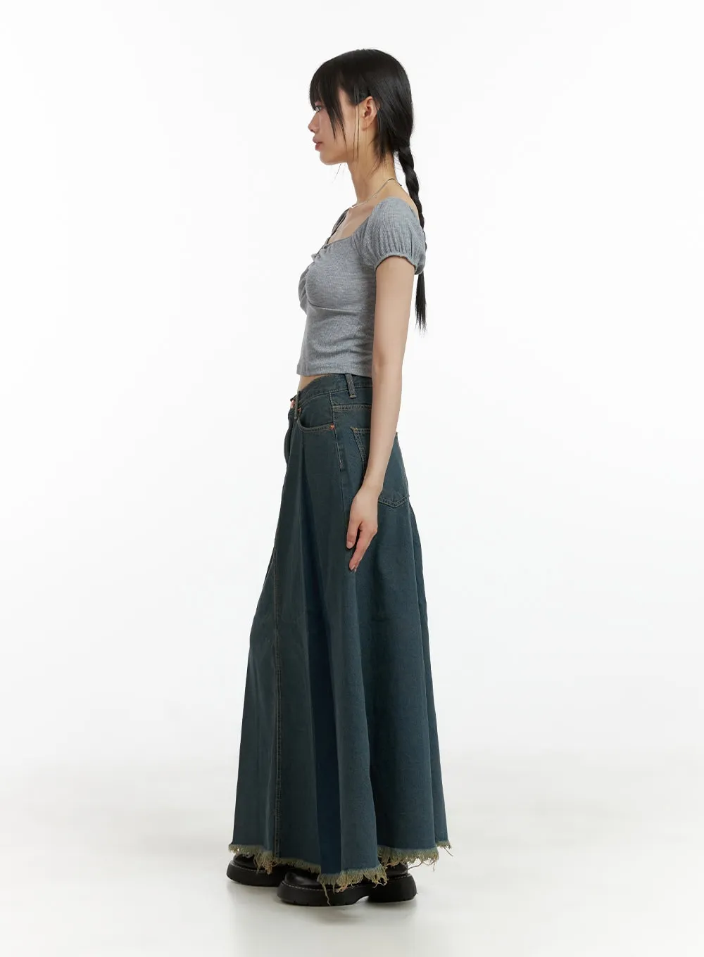 Distressed Hem Denim Maxi Skirt CL403