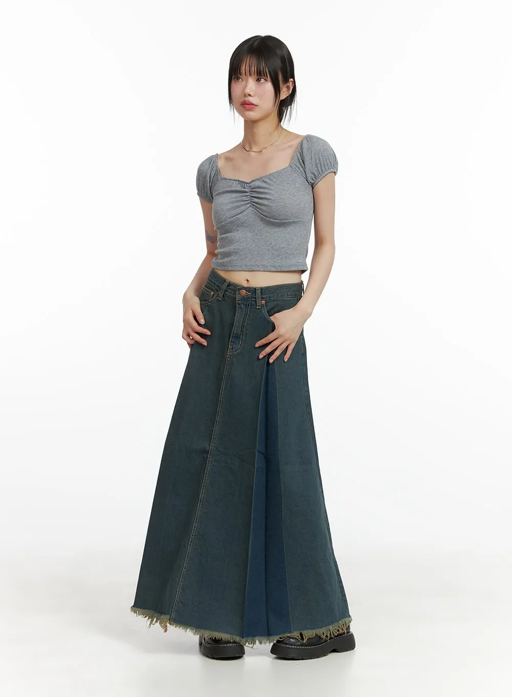 Distressed Hem Denim Maxi Skirt CL403