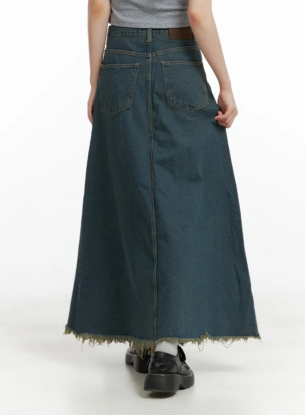 Distressed Hem Denim Maxi Skirt CL403