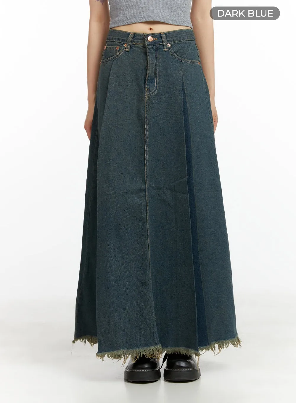 Distressed Hem Denim Maxi Skirt CL403