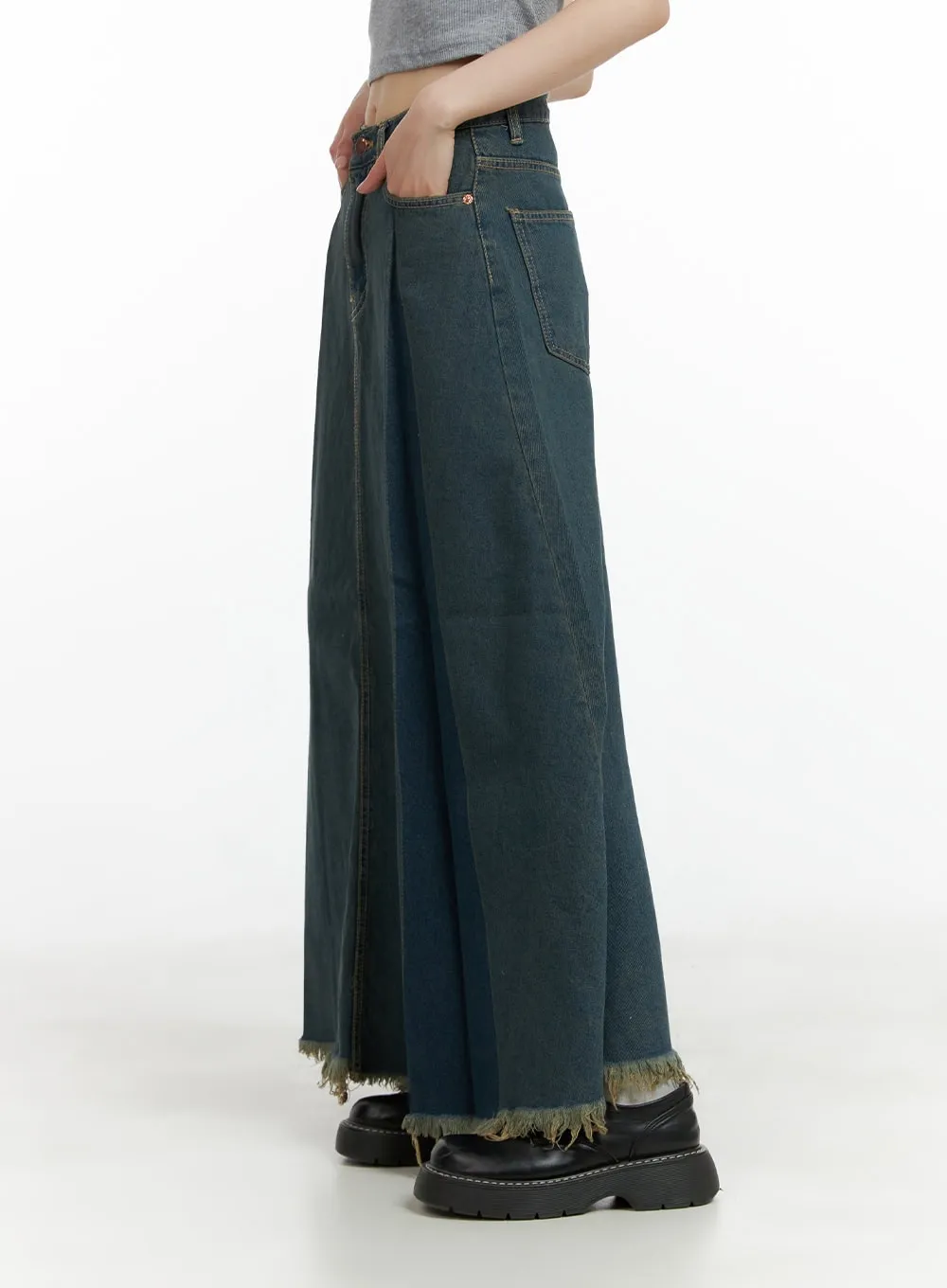 Distressed Hem Denim Maxi Skirt CL403