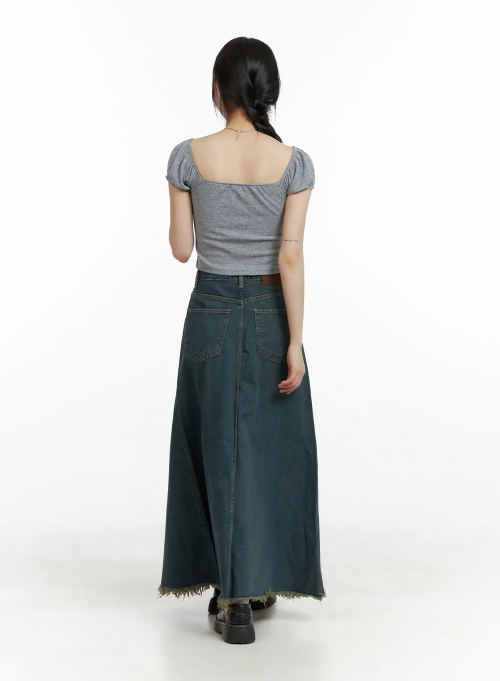 Distressed Hem Denim Maxi Skirt CL403