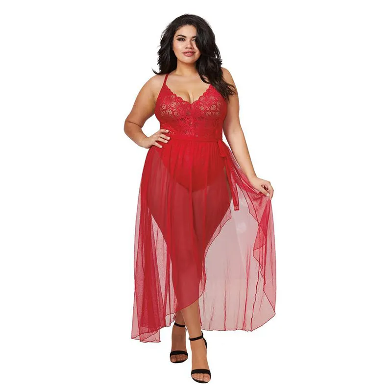 Dreamgirl Plus-Size Stretch Lace Teddy & Sheer Mesh Maxi Skirt With Adjustable Straps & G-String Rouge Queen 2X Hanging