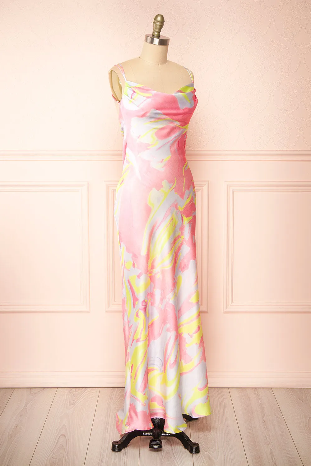 Eulaly | Satin Maxi Dress w/ Colorful Marbled Motif