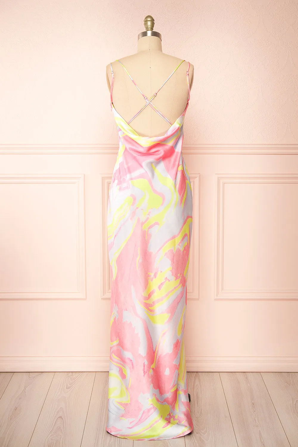 Eulaly | Satin Maxi Dress w/ Colorful Marbled Motif