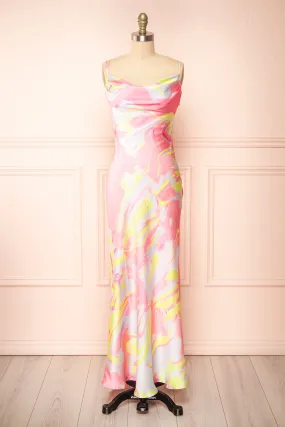 Eulaly | Satin Maxi Dress w/ Colorful Marbled Motif