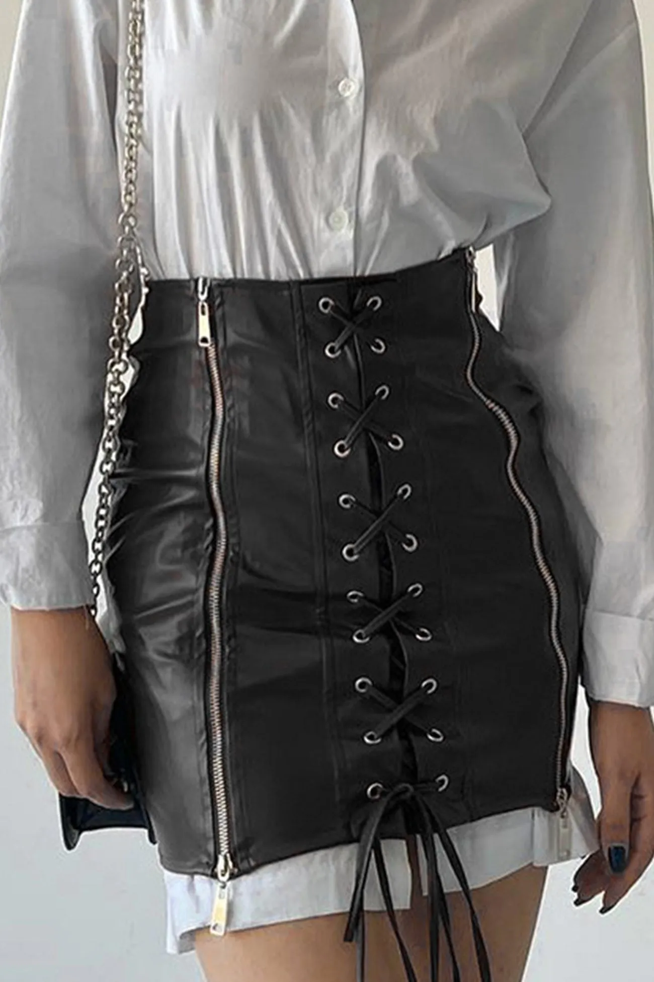 Eyelet Strap Pack Hip Leather Skirt