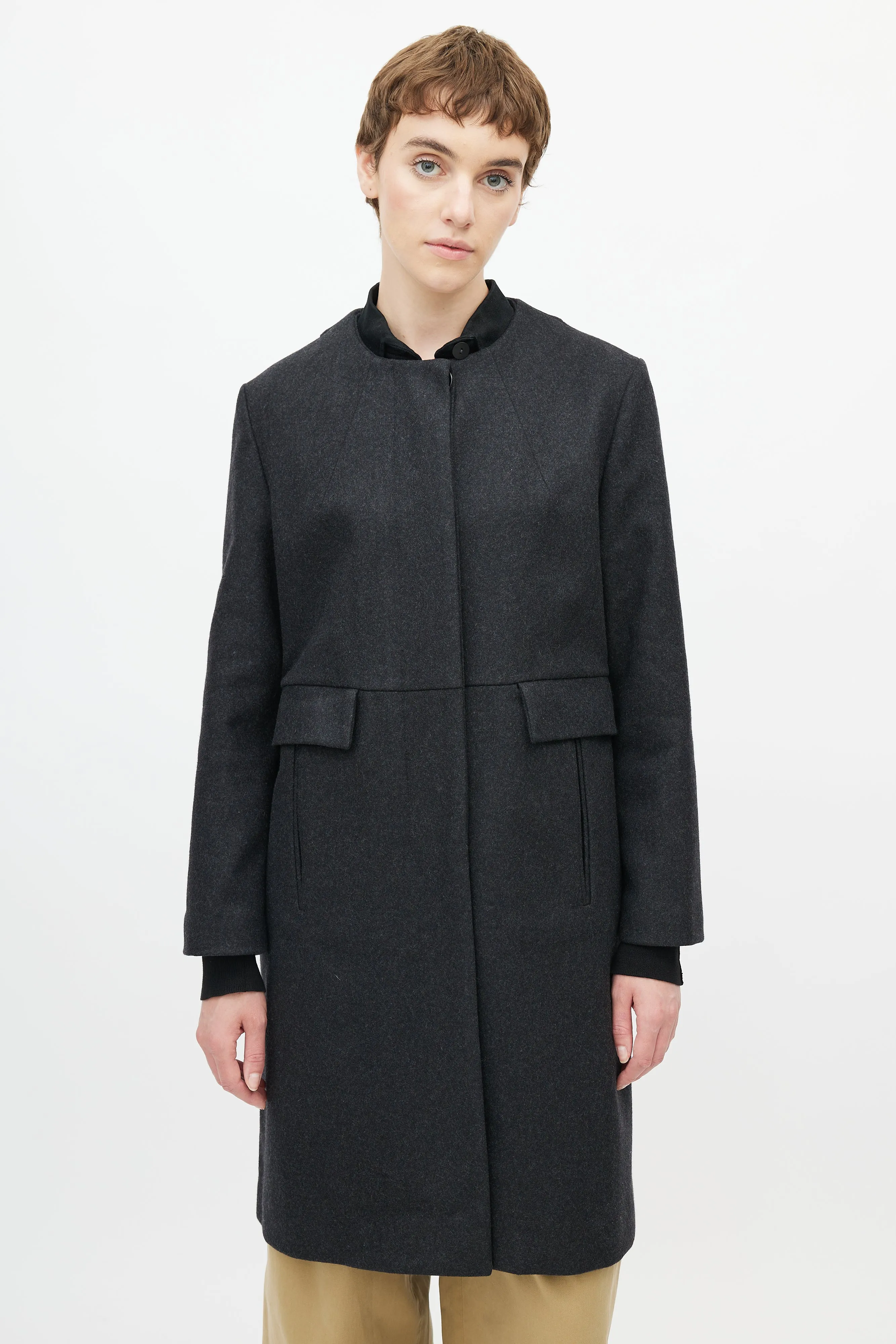 Fall 2013 Dark Grey Wool Collarless Coat