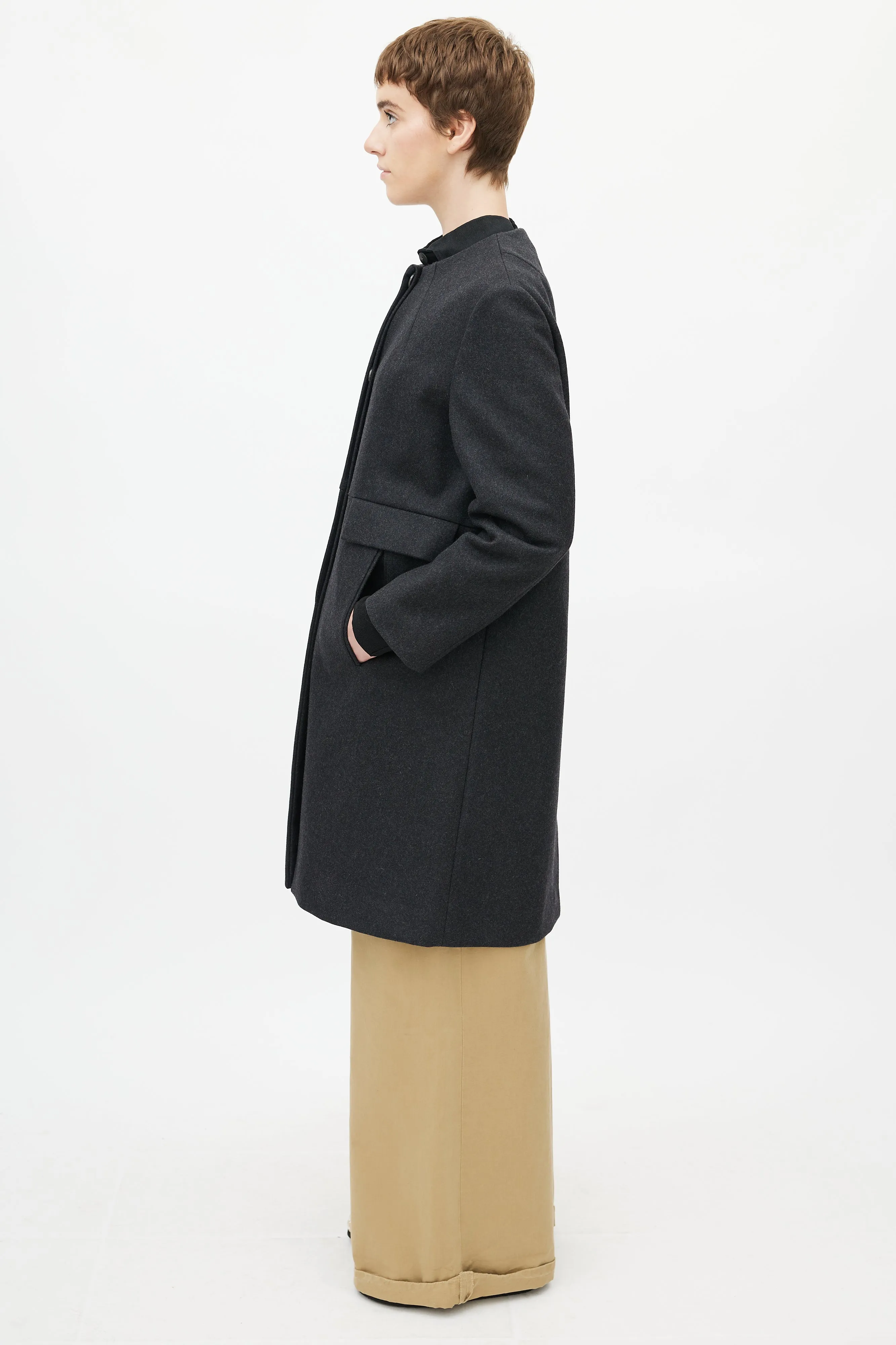 Fall 2013 Dark Grey Wool Collarless Coat