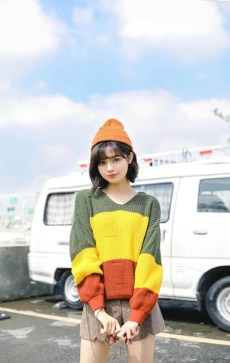 Fashion Color Block Striped Sweater