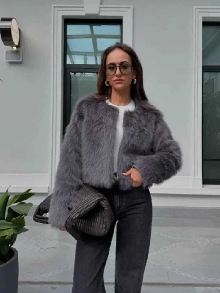 Fashionkova Christmas Gift Outfit Fashion Grey Warm Plush Full Sleeve Woman Faux Fur Jacket Elegant Solid Color O Neck Short Fluffy Coat New Winter Commuter Wear