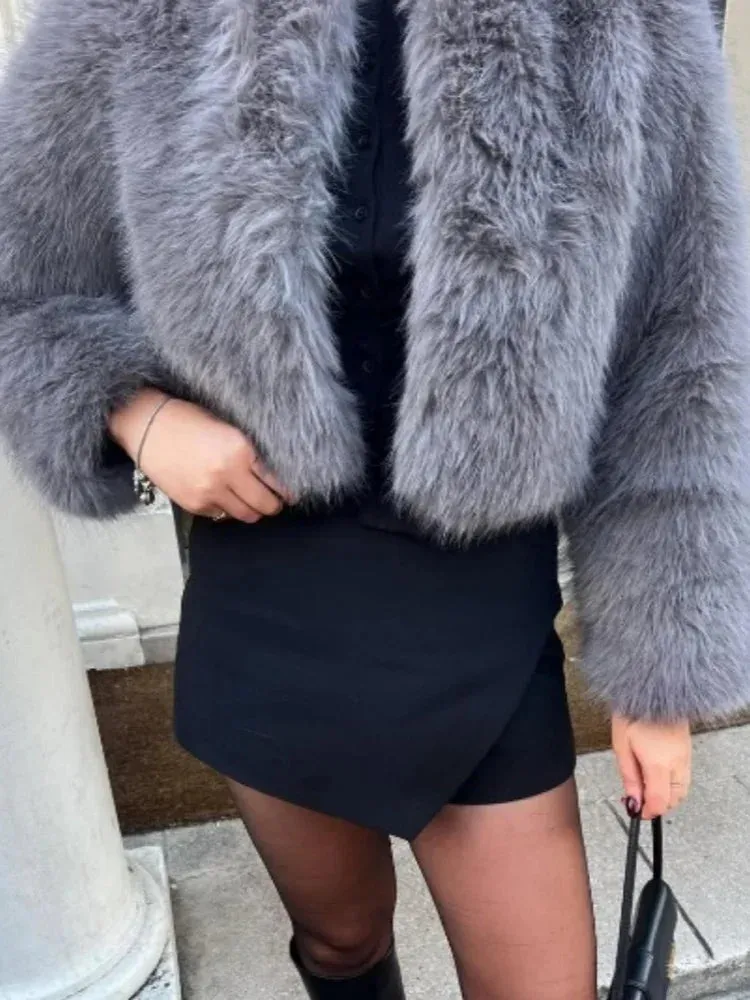 Fashionkova Christmas Gift Outfit Fashion Grey Warm Plush Full Sleeve Woman Faux Fur Jacket Elegant Solid Color O Neck Short Fluffy Coat New Winter Commuter Wear