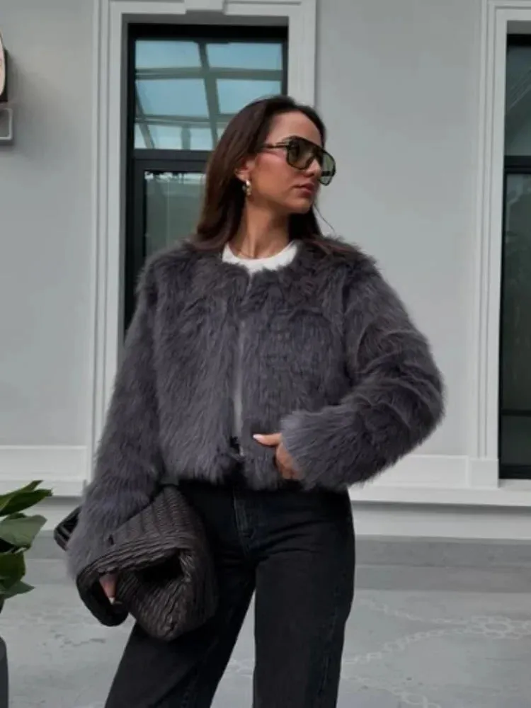 Fashionkova Christmas Gift Outfit Fashion Grey Warm Plush Full Sleeve Woman Faux Fur Jacket Elegant Solid Color O Neck Short Fluffy Coat New Winter Commuter Wear