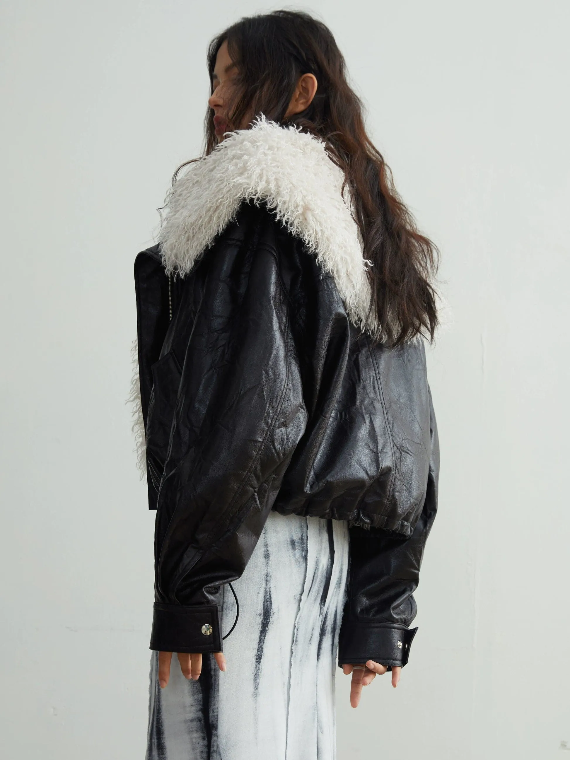 Faux Leather Jacket With Detachable Oversized Fur Collar