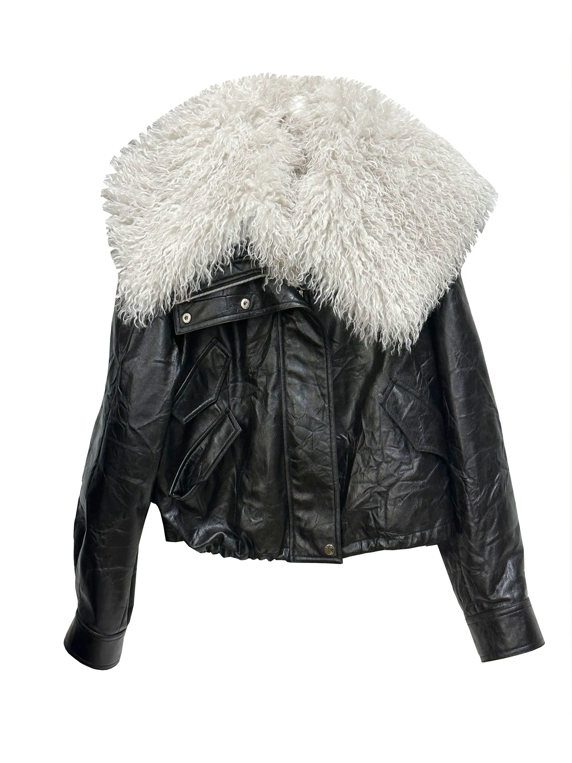 Faux Leather Jacket With Detachable Oversized Fur Collar