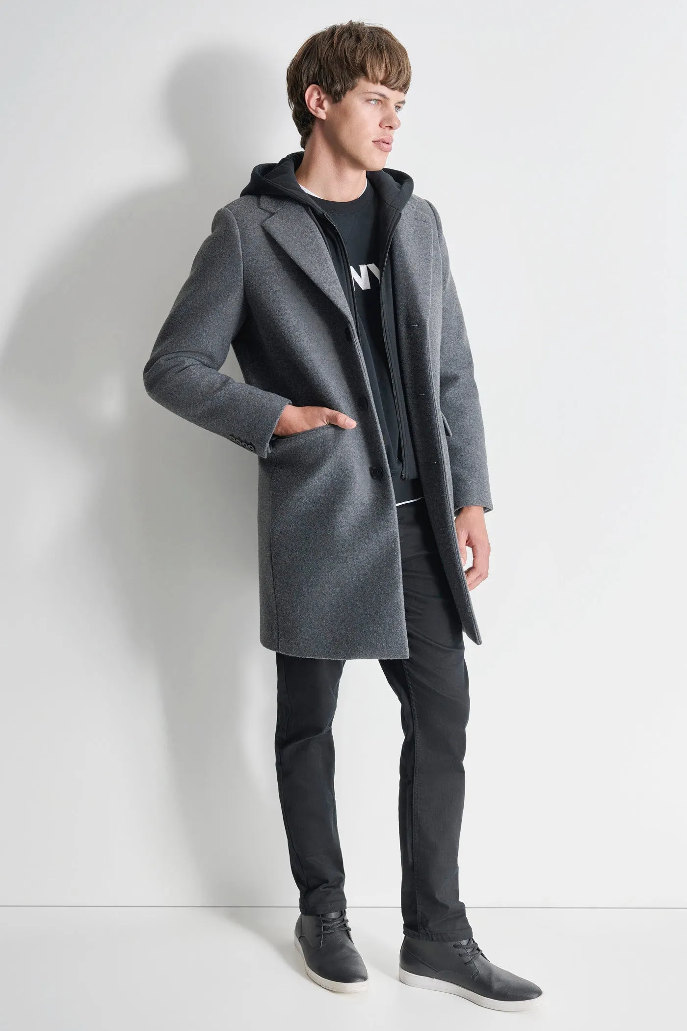 FAUX WOOL COAT WITH HOODED BIB