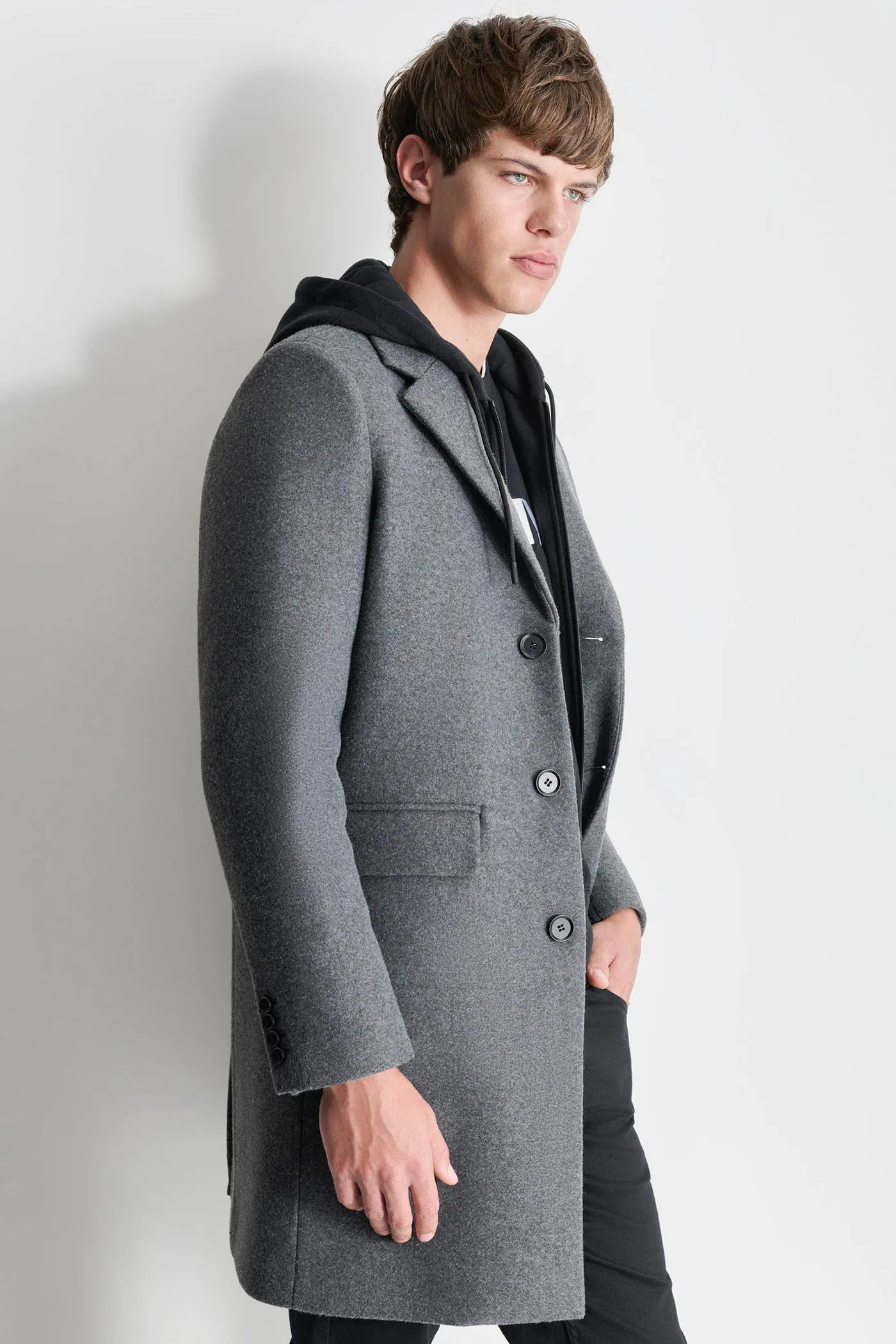 FAUX WOOL COAT WITH HOODED BIB